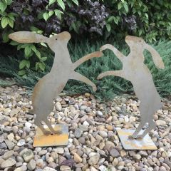 Poppyforge Fenland Hares Decorative Garden Character with Base - Rust