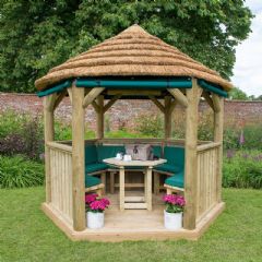 Forest Garden 3m Hexagonal Wooden Garden Gazebo with Thatched Roof - Furnished