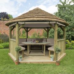 Forest Garden 4m Hexagonal Wooden Garden Gazebo with Thatched Roof