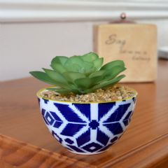 Candlelight Hand Painted Pot with Succulent - Blue