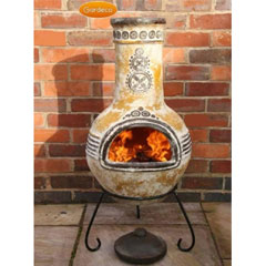 Gardeco Clay Chiminea Azteca Design in Mustard Yellow Large - 110cm