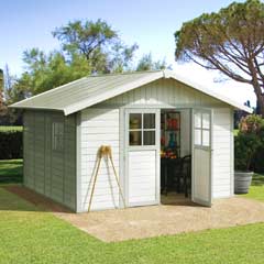 Grosfillex Garden Deco Shed - Pale Green and White - W12ft x D13ft